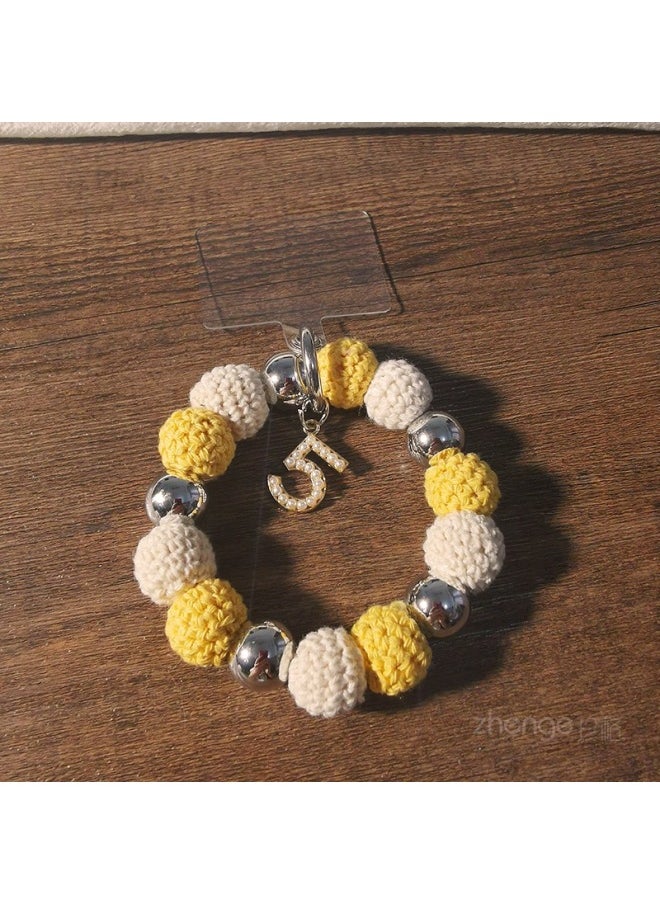 Generic - No. 5 Wool Electroplated Beaded Bracelet Mobile Phone Lanyard Short Wrist Ins Women's Elastic Rope String Chain Stretchable Winter-Specifications Support Image Upload:[Yellow] No. 5 Wool Electroplated Beaded Bracelet + Transparent Card - Image 1