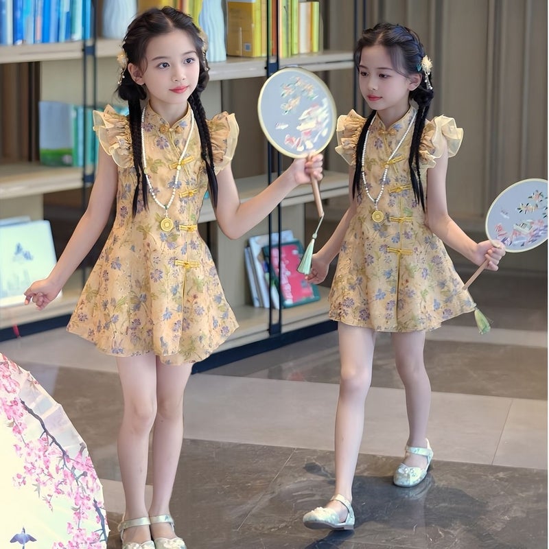Girls'' Cheongsam Set, New Summer Cheongsam Dress, New Chinese-Style Skirt, Fashionable National Style Two-Piece Set - Image 1