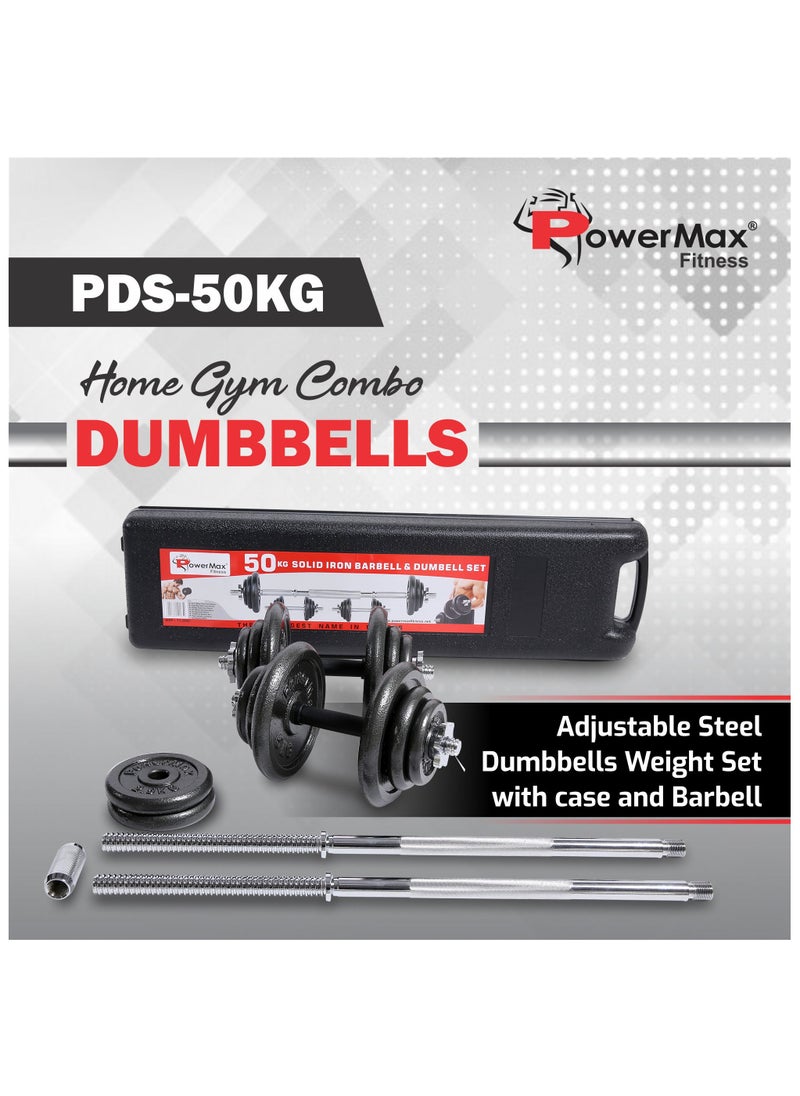 PowerMax Fitness PowerMax Fitness PDS-50 50KG Adjustable Dumbbell & Barbell Set, Solid Iron Plates, 60" Barbell, Chromed Bars, Spin Lock Collars, Home Gym Strength Training  - Image 2