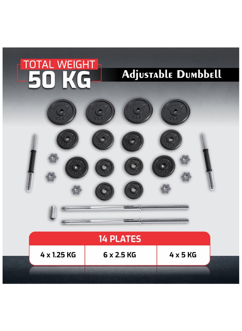 PowerMax Fitness PowerMax Fitness PDS-50 50KG Adjustable Dumbbell & Barbell Set, Solid Iron Plates, 60" Barbell, Chromed Bars, Spin Lock Collars, Home Gym Strength Training  - Image 4