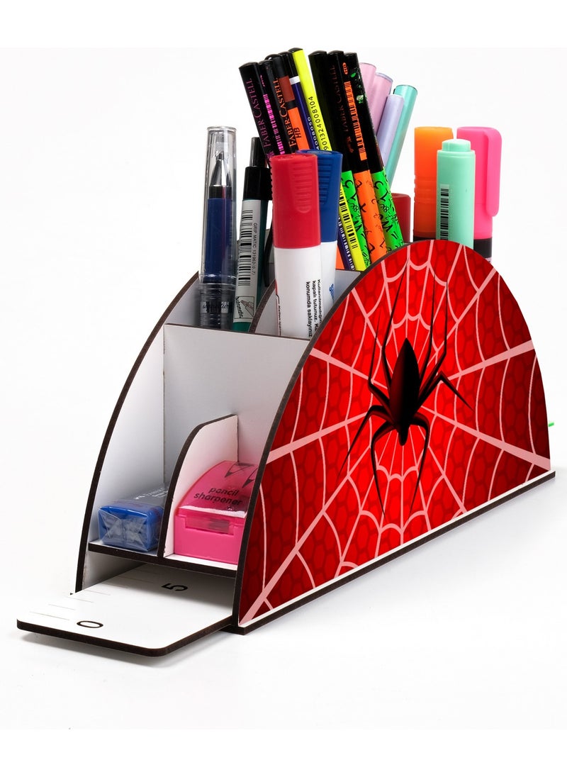 KutuTR Wooden Vip Spiderman Series Desktop Pen Holder with Rainbow Ruler Assembled Organizer for Kids  - Image 1