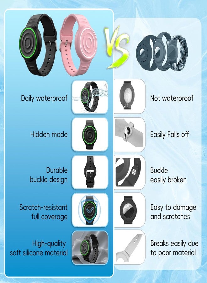 R-fun Waterproof AirTag Bracelet for Kids, Soft Silicone AirTag Watch Band Holder, Adjustable Wave Ripple AirTag Bracelet Wristband, Compatible with Apple AirTag(1st & 2nd Gen), Black/Pink - Image 5