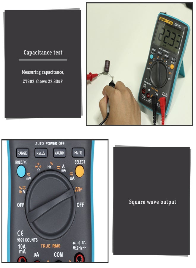 BSIDE Digital Multimeter AC DC Voltage Current 9999 Counts ZT302 Portable Handheld Ammeter Ohm Capacitance Tester Square Wave Output Auto/Manual Range Electrical Test Diagnostic Machine with True RMS Backlight Large LCD Display - Image 2