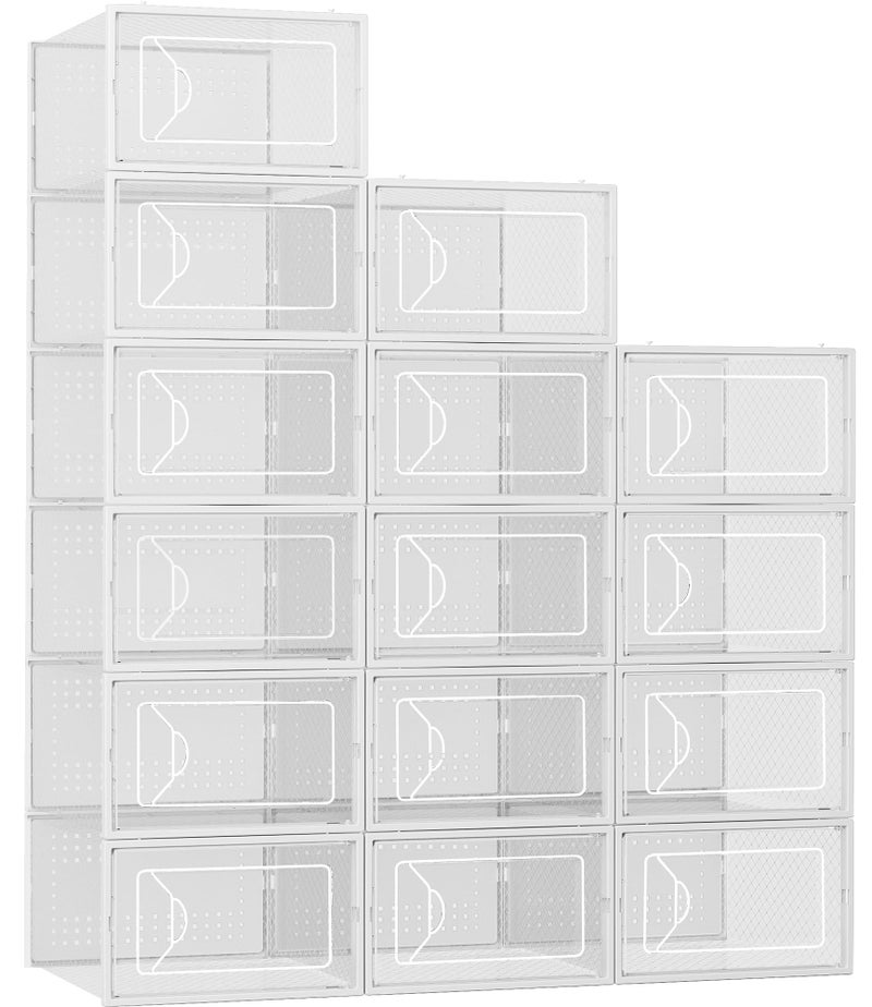 Foluck Shoe Storage Box, 15 Pack Clear Plastic Stackable Shoe Organizer for Closet, Interlocking Design Shoe Container Bins for Sneakers, Foldable Shoe Rack with Lids, White - Image 1