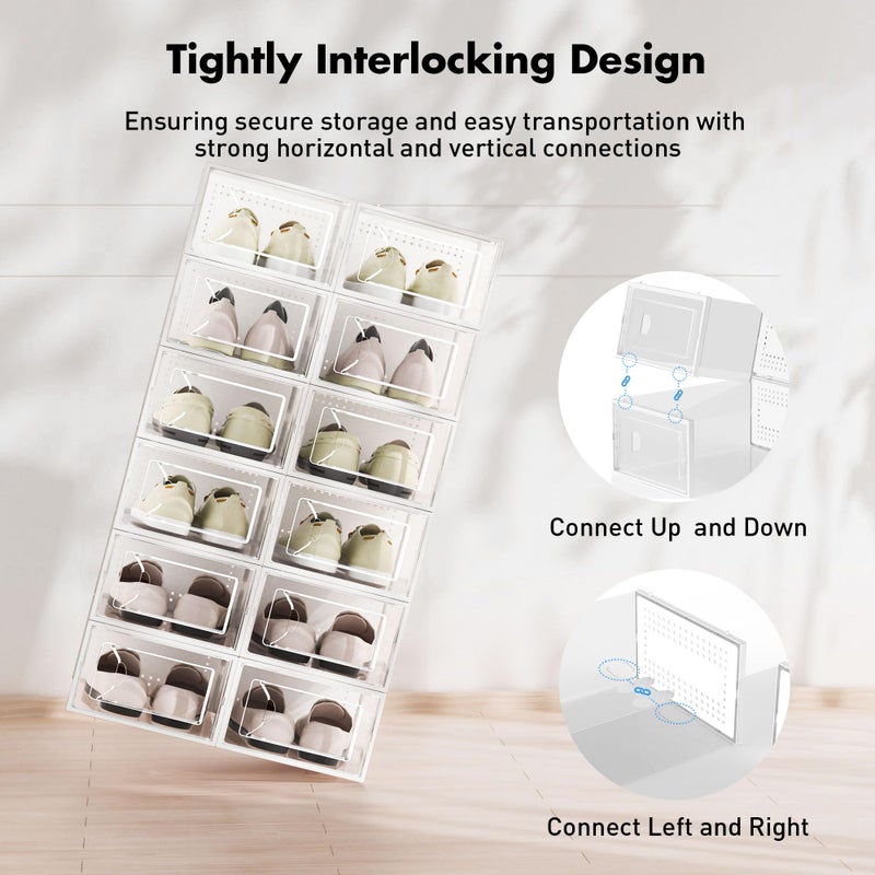 Foluck Shoe Storage Box, 15 Pack Clear Plastic Stackable Shoe Organizer for Closet, Interlocking Design Shoe Container Bins for Sneakers, Foldable Shoe Rack with Lids, White - Image 3