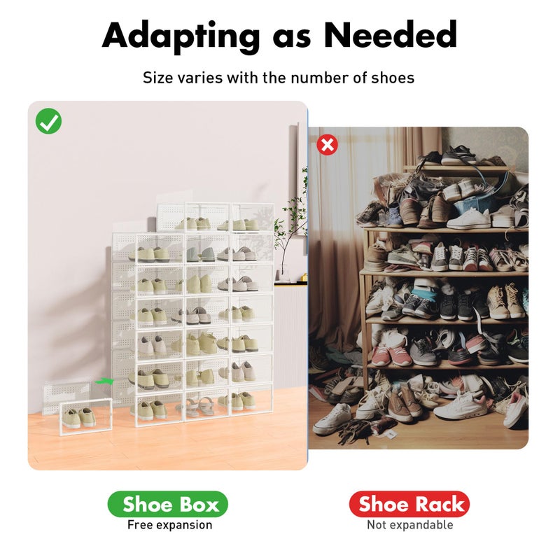 Foluck Shoe Storage Box, 15 Pack Clear Plastic Stackable Shoe Organizer for Closet, Interlocking Design Shoe Container Bins for Sneakers, Foldable Shoe Rack with Lids, White - Image 4