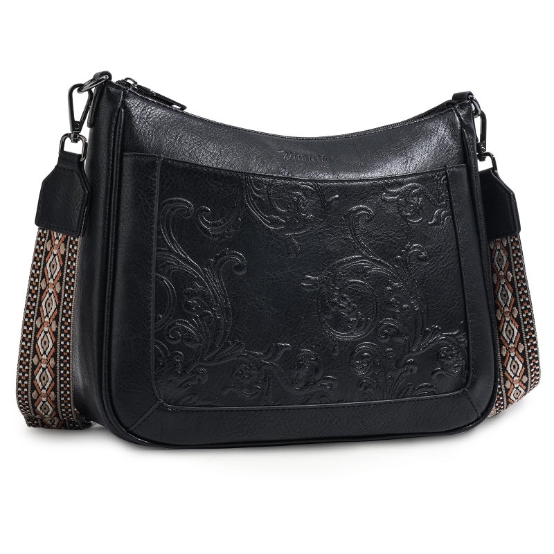 VIMUTI Crossbody Bags for Women,Vegan Leather Crossbody Purse with Adjustable Strap Embossed Flower Women's Shoulder Handbags (05-Black) - Image 1