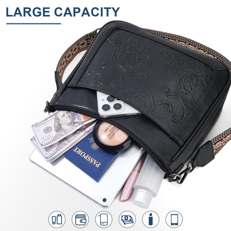 VIMUTI Crossbody Bags for Women,Vegan Leather Crossbody Purse with Adjustable Strap Embossed Flower Women's Shoulder Handbags (05-Black) - Image 4