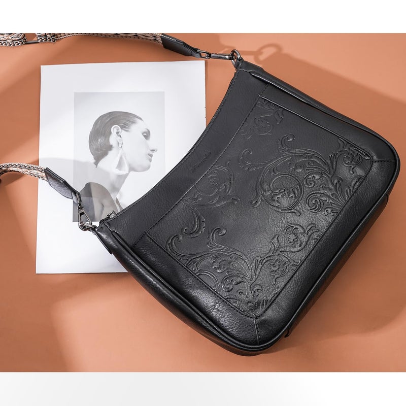 VIMUTI Crossbody Bags for Women,Vegan Leather Crossbody Purse with Adjustable Strap Embossed Flower Women's Shoulder Handbags (05-Black) - Image 3