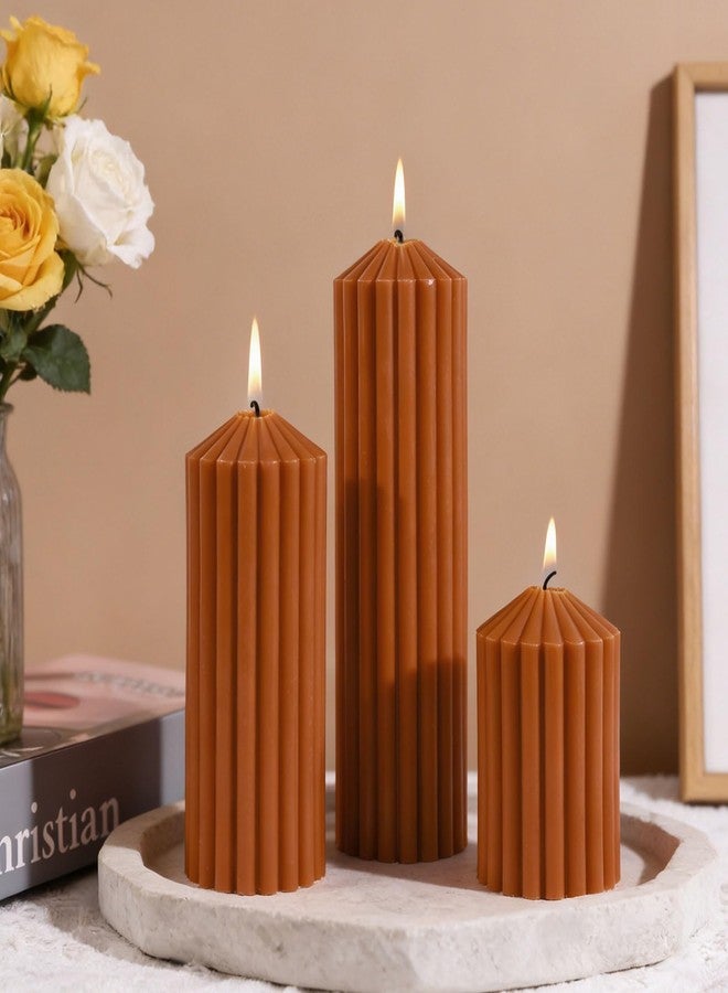 MAKALONE Burnt Orange Ribbed Pillar Candles Set of 3-Spiced Orange,Cinnamon & Clove Scented Soy Wax，Aesthetic Retro Textured Pillars-2.8x4,6,8in,High-Low Trio for Boho Home Decor,Spa & Gifting - Image 1