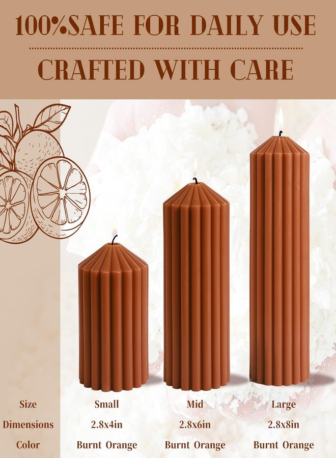 MAKALONE Burnt Orange Ribbed Pillar Candles Set of 3-Spiced Orange,Cinnamon & Clove Scented Soy Wax，Aesthetic Retro Textured Pillars-2.8x4,6,8in,High-Low Trio for Boho Home Decor,Spa & Gifting - Image 5