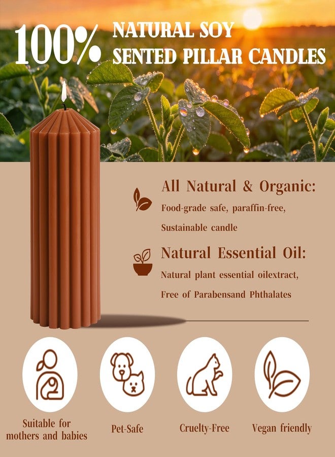 MAKALONE Burnt Orange Ribbed Pillar Candles Set of 3-Spiced Orange,Cinnamon & Clove Scented Soy Wax，Aesthetic Retro Textured Pillars-2.8x4,6,8in,High-Low Trio for Boho Home Decor,Spa & Gifting - Image 4