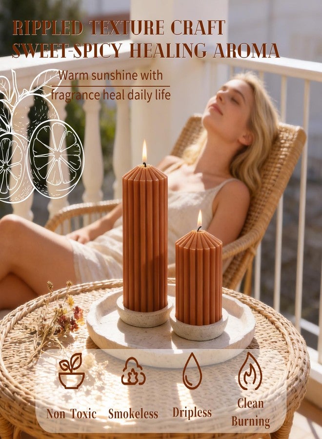 MAKALONE Burnt Orange Ribbed Pillar Candles Set of 3-Spiced Orange,Cinnamon & Clove Scented Soy Wax，Aesthetic Retro Textured Pillars-2.8x4,6,8in,High-Low Trio for Boho Home Decor,Spa & Gifting - Image 3