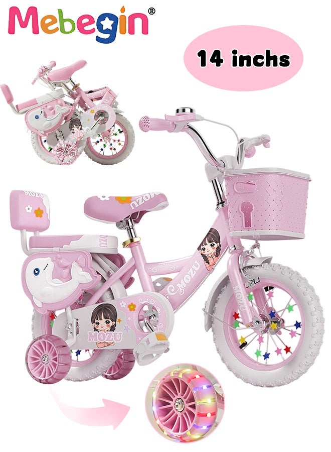 MEBEGIN 14 Inches Foldable Bike with Soft Seat, Children Bicycle with Adjustable Saddle and Foldable Body, Adorable Bike with Luminous Training Wheels, Handbrake and Basket, Princess Style Bicycle, Ideal Gift for Girls and Beginners - Image 1