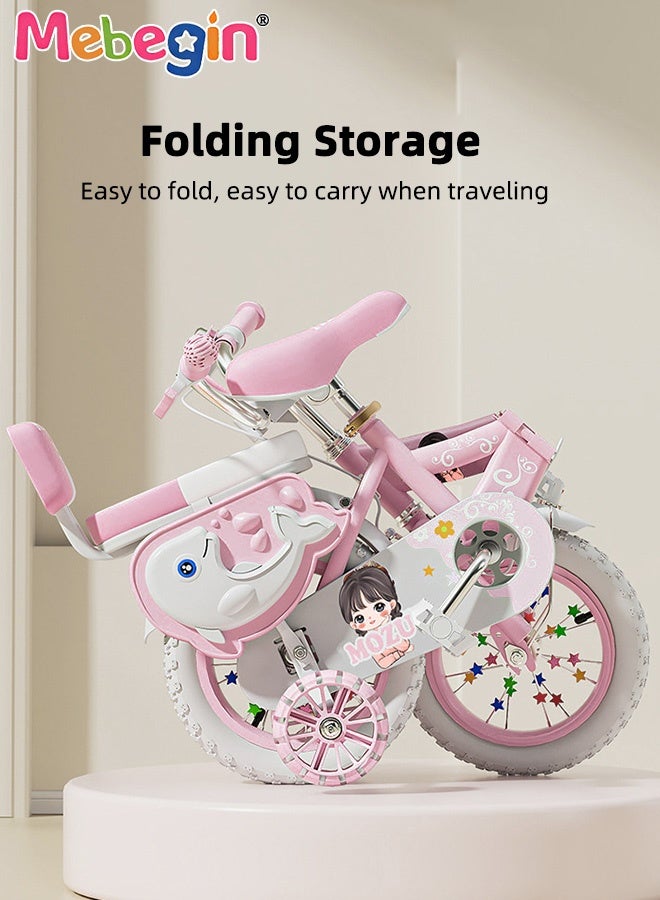 MEBEGIN 14 Inches Foldable Bike with Soft Seat, Children Bicycle with Adjustable Saddle and Foldable Body, Adorable Bike with Luminous Training Wheels, Handbrake and Basket, Princess Style Bicycle, Ideal Gift for Girls and Beginners - Image 3