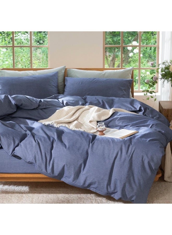 MooMee Bedding Duvet Cover Set 100% Washed Cotton Linen Like Textured Breathable Durable Soft Comfy (Heathered Blue, King 104"x90") - Image 1