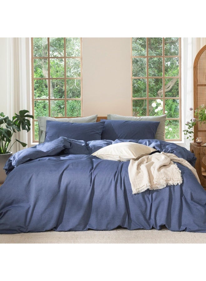 MooMee Bedding Duvet Cover Set 100% Washed Cotton Linen Like Textured Breathable Durable Soft Comfy (Heathered Blue, King 104"x90") - Image 2