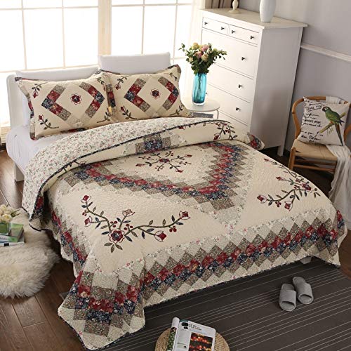 Jameswish Jameswish Beige Floral Embroidered Quilt Set King Size 100 Cotton Ethnic Patchwork Bedspread Coverlet Country Rustic Embroidery Reversible Geometric Bedding Cover Set Soft Cotton Comforter Cover3pcs 