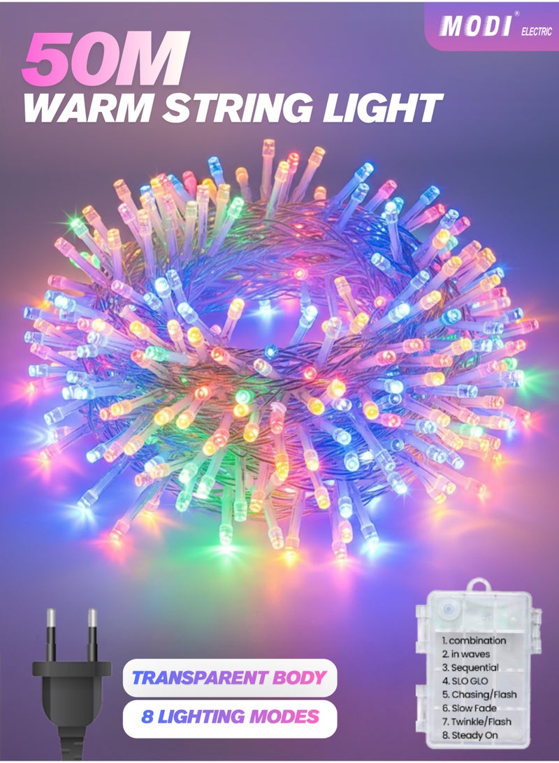 MODI 50Meter RGB Multi-Color LED String Fairy Ramadan Lights, 8 Modes – Indoor Outdoor Christmas Tree Decorations, 320 LEDs, Waterproof Curtain Lights for Diwali, Wedding, Balcony, Party, 2-Pin Plug - Image 1