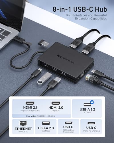 Cable Matters 8-in-1 USB C Hub Multiport Adapter with Dual 4K@60Hz HDMI, 140W PD Charging, Gigabit Ethernet, 10Gbps Data Transfer: 2X USB-C & 1x USBA 3.2 Ports (Support ONE External Display on MacOS) - Image 2