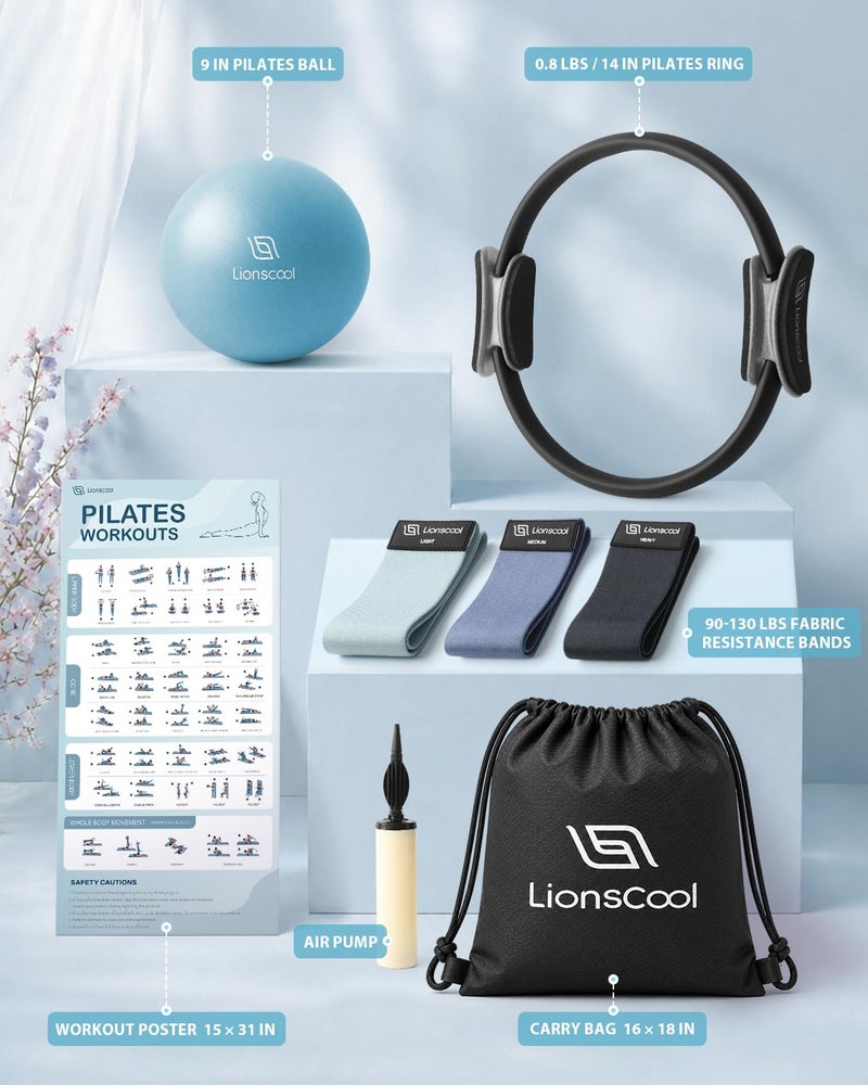 LIONSCOOL Pilates Ring Set (Black) - 14" Anti-Deformation Magic Circle with Padded Handles, 9" Mini Ball, Non-Slip Fabric Resistance Bands, Guide & Bag - Image 2
