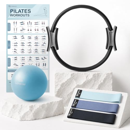 LIONSCOOL Pilates Ring Set (Black) - 14" Anti-Deformation Magic Circle with Padded Handles, 9" Mini Ball, Non-Slip Fabric Resistance Bands, Guide & Bag - Image 1