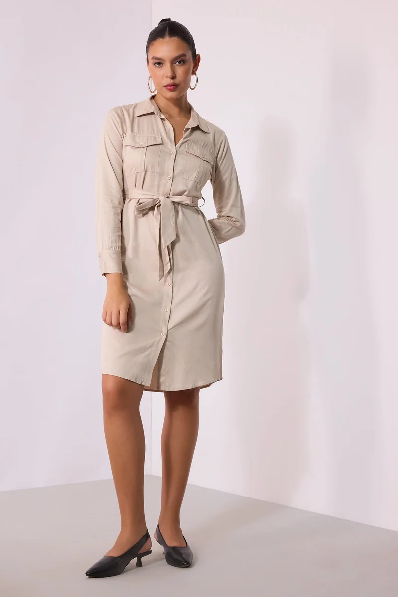 Virgio Solid Viscose Beige Midi Shirt Dress With Belt for Women