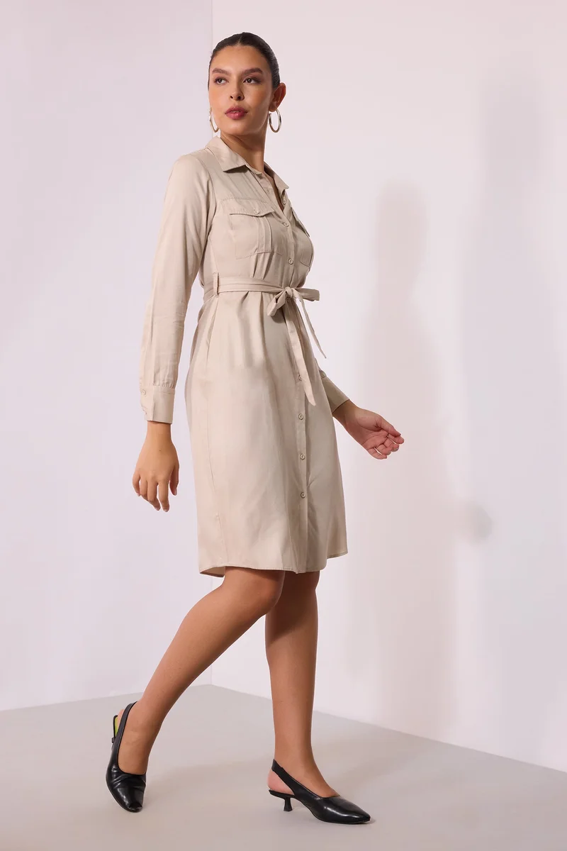 Virgio  Solid Viscose Beige Midi Shirt Dress With Belt for Women for Women | Best Price UAE