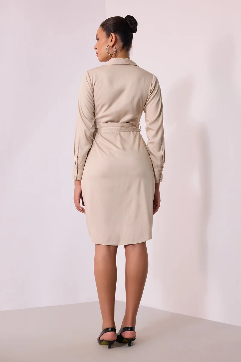 Virgio  Solid Viscose Beige Midi Shirt Dress With Belt for Women for Women | Best Price UAE