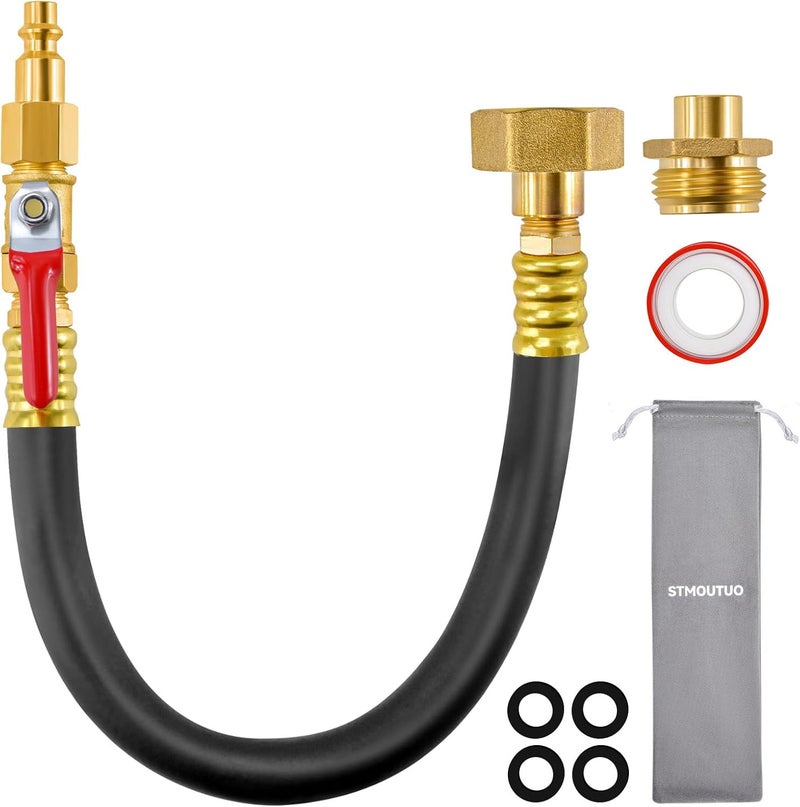 طقم تجهيز الشتاء للعربات الترفيهية (RV) مقاس 16.9 بوصة من ، مناسب للعربات الترفيهية، الكرفانات، أنظمة الرش، القوارب، أنظمة المركبات المنزلية، السفن: محول من قابس التوصيل السريع لضاغط الهواء إلى محبس خرطوم حديقة مقاس 3/4 بوصة مع صمام، مع حقيبة تخزين - Image 1