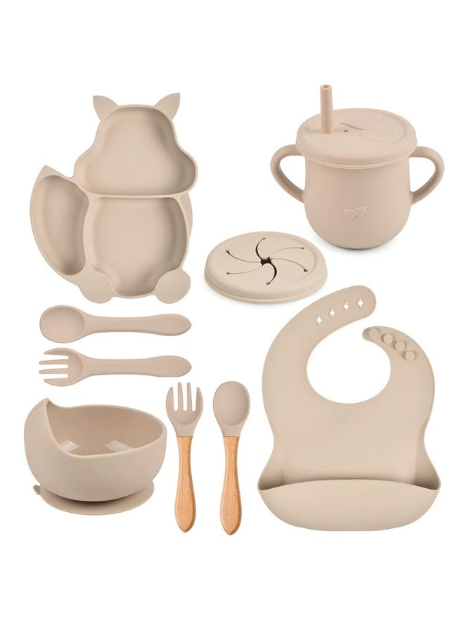 8 Pcs Baby Feeding Set, Food-grade Silicone Baby Tableware Set, Squirrel Baby Cutlery and Plates Set, Non-Slip Infant Dinnerware Set, Baby Self Feeding Utensils