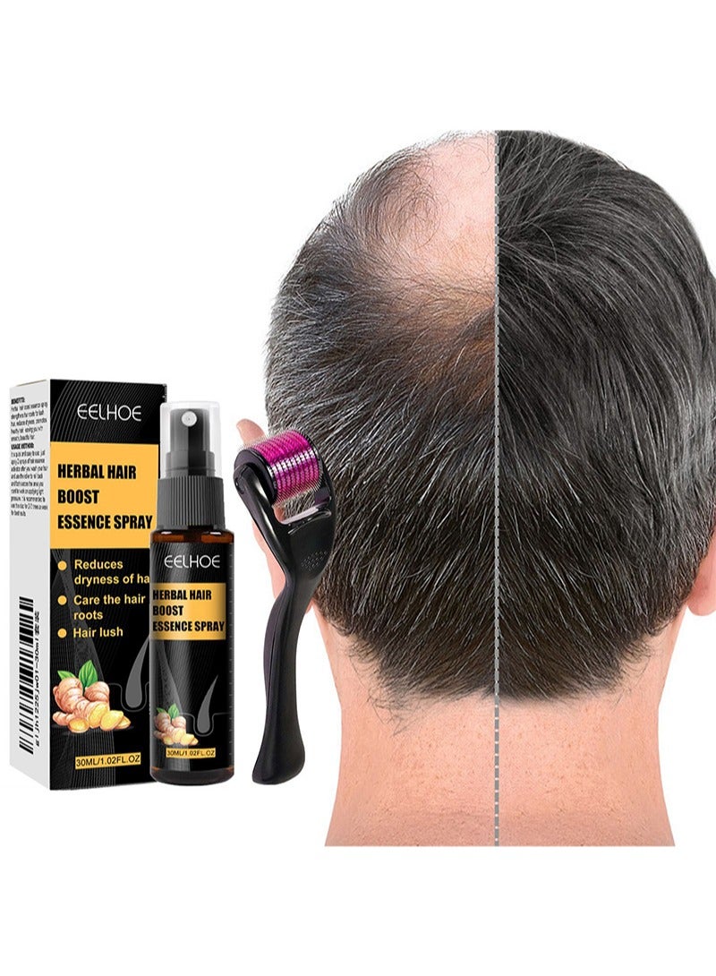 EELHOE Natural Herbal Hair Boost Essence Spray Set, Anti Hair Loss Serum，Hair Growth Essence Spray for Bald Head，Nourishing Beard Hair Oil Spray with Mini Roller-30ml - Image 1
