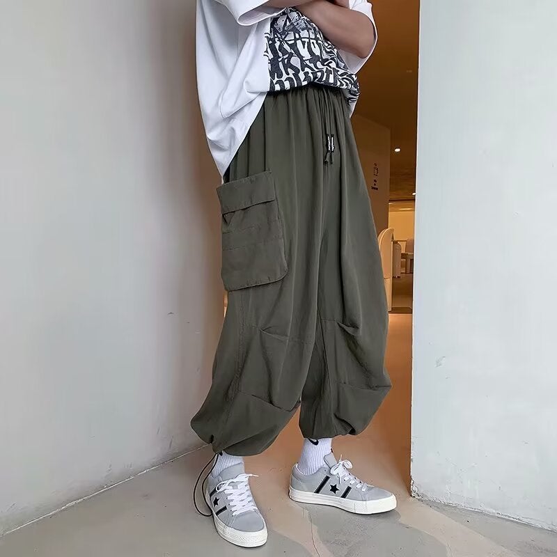 Army Green Japanese Style Retro Ami Khaji Claw Pants Mens Summer Thin Bundled Foot Bloomers American Style oversize Pants Green - Image 1