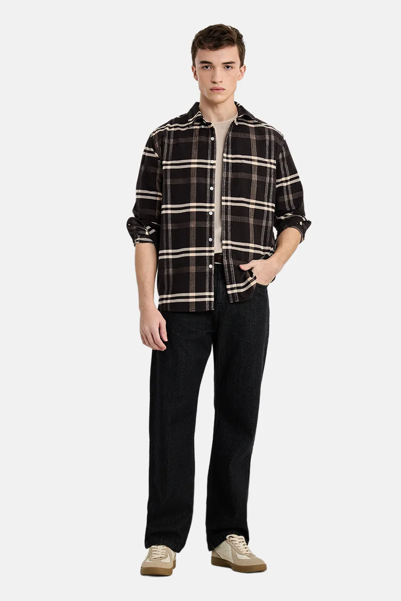 SNITCH Dark Brown Checkered Long Sleeve Regular Fit Casual Shirt