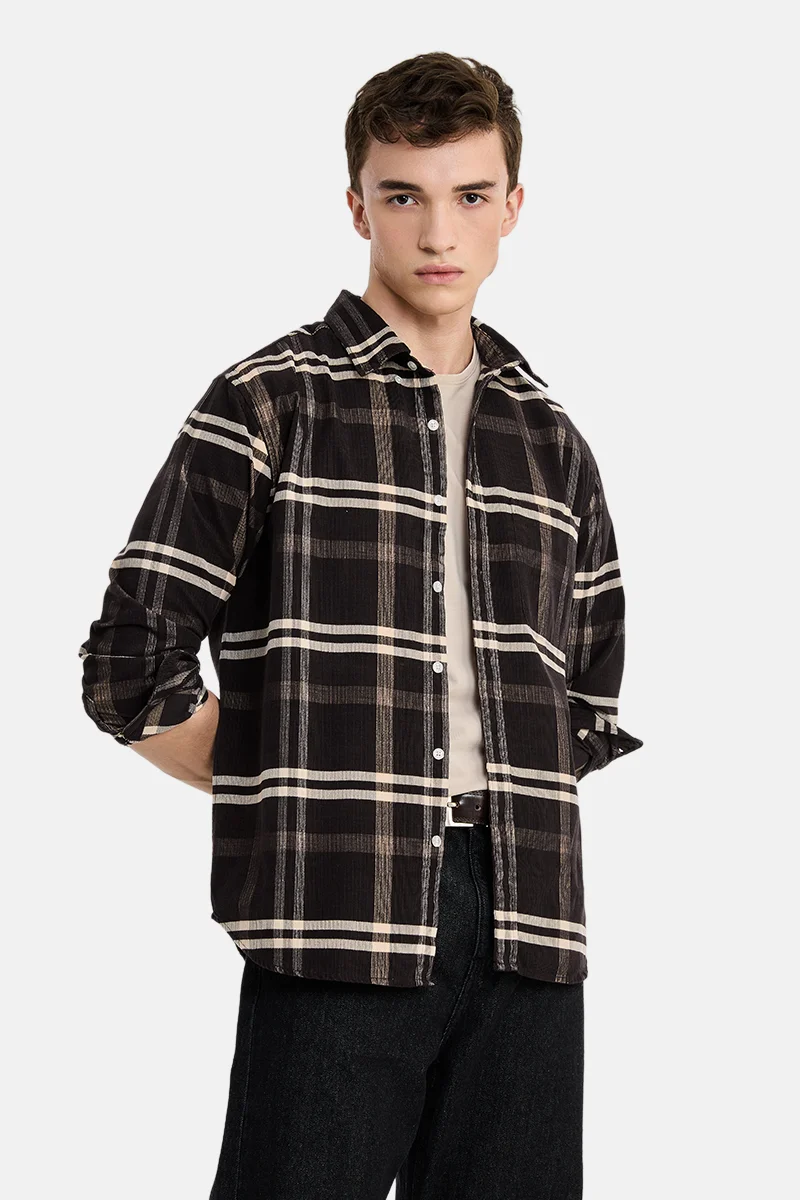 SNITCH Dark Brown Checkered Long Sleeve Regular Fit Casual Shirt