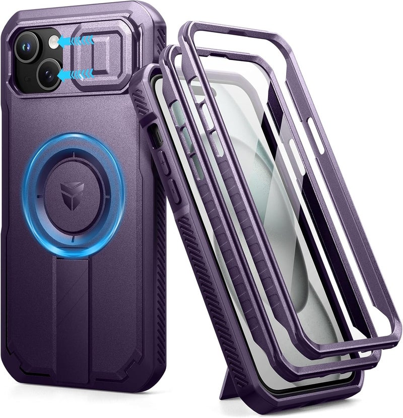 ديكسنور حافظة Dexnor لـ iPhone 15 Plus/14 Plus مع غطاء كاميرا منزلق وحامل قابل للتعديل وواقي شاشة مدمج، حواف MagSafe متينة م��اومة للصدمات، غطاء حماية مغناطيسي ثقيل، أرجواني شبح جودة ثابتة بالدفعة - Image 1