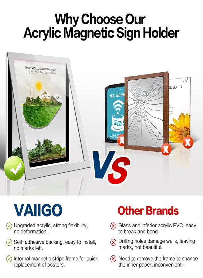 VAIIGO حامل لافتات أكريليك من VAIIGO مقاس 8.5 بوصة × 11 بوصة، يُثبت على الحائط، إطار عرض مغناطيسي ذاتي اللصق مع شريط نانو، إطار مستندات بلاستيكي شفاف للمكاتب والمتاجر والمدارس والمنازل، إطار صور حائط (فضي، عبوة من 3 قطع) - Image 3
