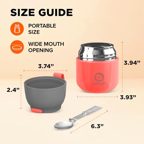 ENERGIFY Vacuum Insulated Food Jar. Large 12oz Bowl incl. Folding Spoon, Cup. Wide Mouth Keep Hot & Cold Drinks Soup Lunch Container for Adults. BPA-Free Stainless Steel, Leak Proof Fusion Coral - Image 4