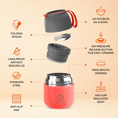 ENERGIFY Vacuum Insulated Food Jar. Large 12oz Bowl incl. Folding Spoon, Cup. Wide Mouth Keep Hot & Cold Drinks Soup Lunch Container for Adults. BPA-Free Stainless Steel, Leak Proof Fusion Coral - Image 2