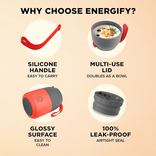 ENERGIFY Vacuum Insulated Food Jar. Large 12oz Bowl incl. Folding Spoon, Cup. Wide Mouth Keep Hot & Cold Drinks Soup Lunch Container for Adults. BPA-Free Stainless Steel, Leak Proof Fusion Coral - Image 5