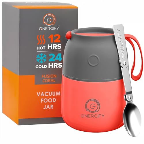 ENERGIFY Vacuum Insulated Food Jar. Large 12oz Bowl incl. Folding Spoon, Cup. Wide Mouth Keep Hot & Cold Drinks Soup Lunch Container for Adults. BPA-Free Stainless Steel, Leak Proof Fusion Coral - Image 1