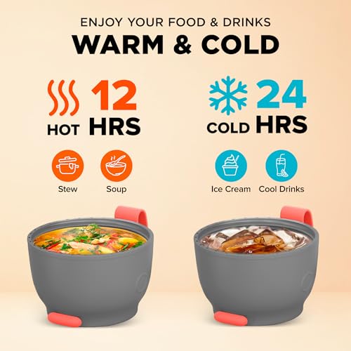 ENERGIFY Vacuum Insulated Food Jar. Large 12oz Bowl incl. Folding Spoon, Cup. Wide Mouth Keep Hot & Cold Drinks Soup Lunch Container for Adults. BPA-Free Stainless Steel, Leak Proof Fusion Coral - Image 3
