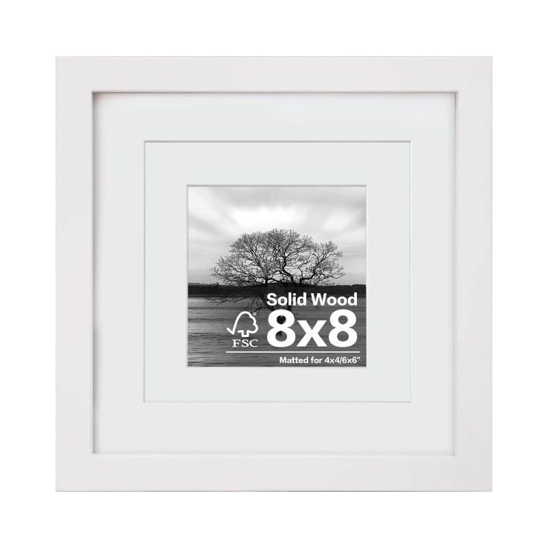 Egofine Egofine 8x8 Picture Frame Made of Solid Wood with Plexiglass Display Pictures 4x46x6 with Mat or 8x8 Without Mat for Tabletop and Wall Mounting White 