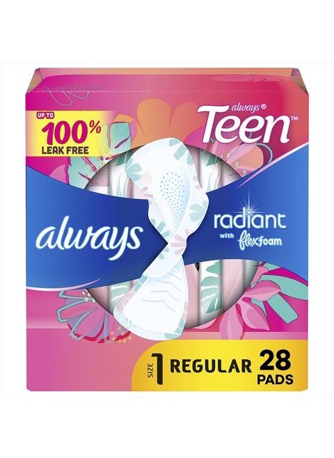 Radiant FlexFoam Teen Pads Regular Absorbency, 100% Leak Free Protection is possible, with Wings, Unscented, 28 Count