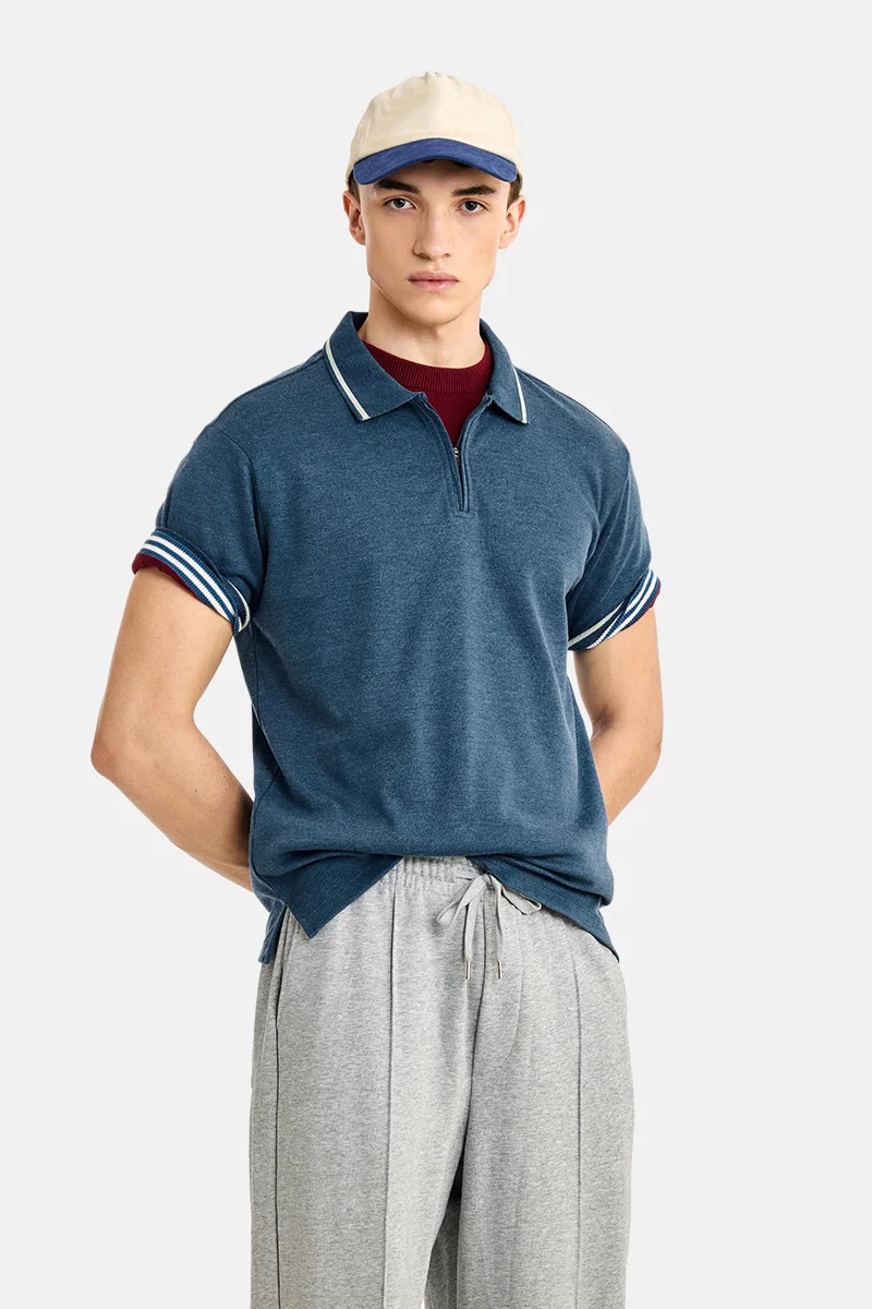 SNITCH Blue Textured Half Sleeve Regular Fit Casual T-Shirt