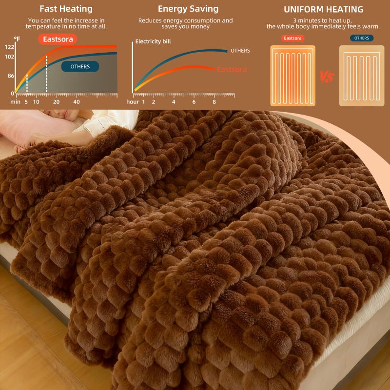 Eastsora Heated Blanket Electric Blanket Heating, Dual Control Soft Ribbed Faux Fur Electric Blanket with 12 Heat Levels 12H Timer ETL FCC Certified Machine Washable (Camel, King Size - 90" x 100") - Image 5