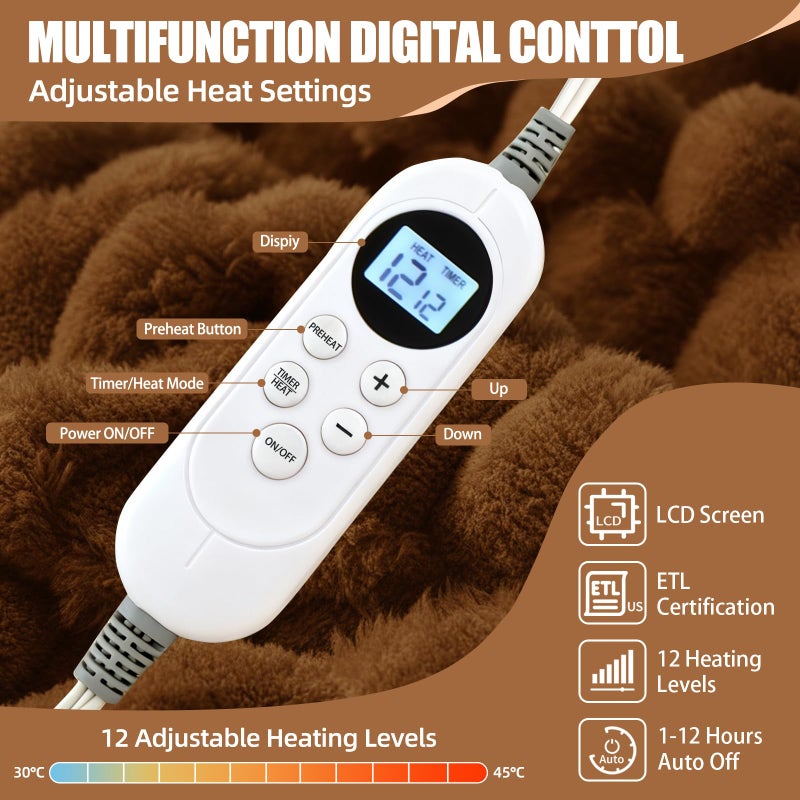 Eastsora Heated Blanket Electric Blanket Heating, Dual Control Soft Ribbed Faux Fur Electric Blanket with 12 Heat Levels 12H Timer ETL FCC Certified Machine Washable (Camel, King Size - 90" x 100") - Image 4