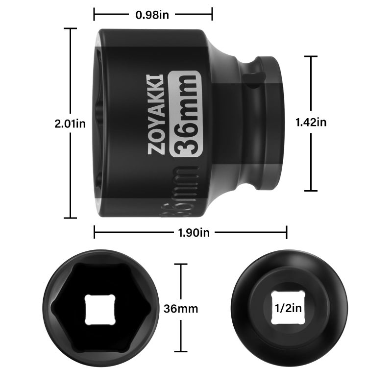 ZOYAKKI 12 Drive x 36mm Shallow Impact SocketCRMO Steel1PCS Drive 6 Point Axle Nut Socket for Easy Removal of Axle Shaft Nuts Metric 36MM - Image 4