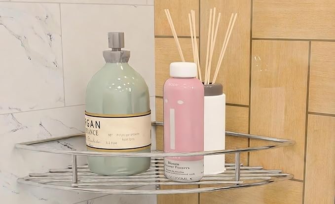 Multipurpose steel corner shelf for Bathroom shampoo, soap toiletries, Kitchen for glass mugs, spice jars, Bedroom for medicine makeup items, flower pots, mobile charging, perfumes & other accessories  - Image 5
