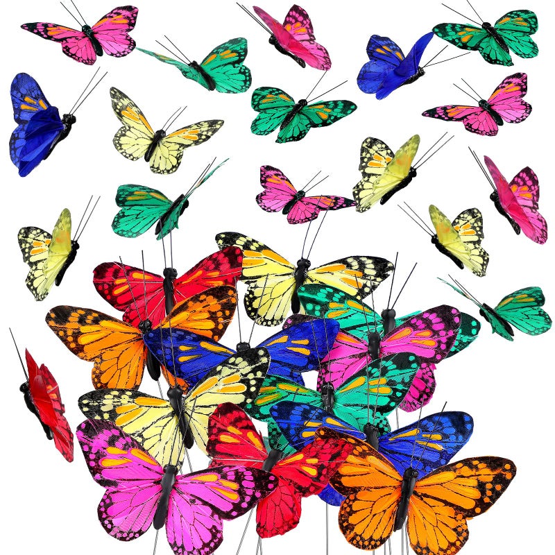 Ysleen 12 Set Monarch Butterfly Crafts Decoration Feather Butterflies Picks for Arrangements Garland Spring Floral Flower Stick Wire Artificial Fake DIY Art Crafts Supplies4 x 24 InchBright Color